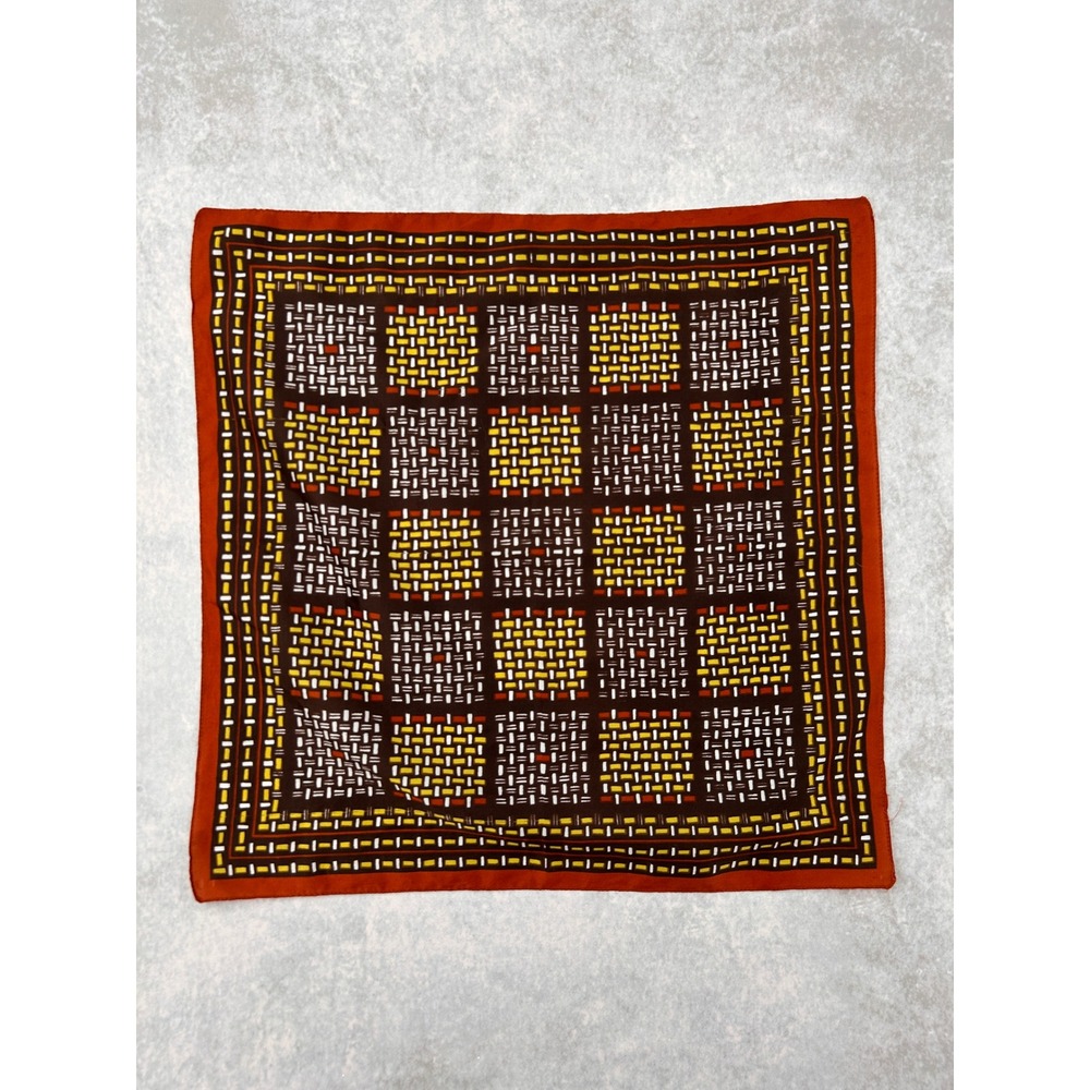 Vintage Geometric Weave Print Square Scarf Rust Orange Mustard Brown 20x20